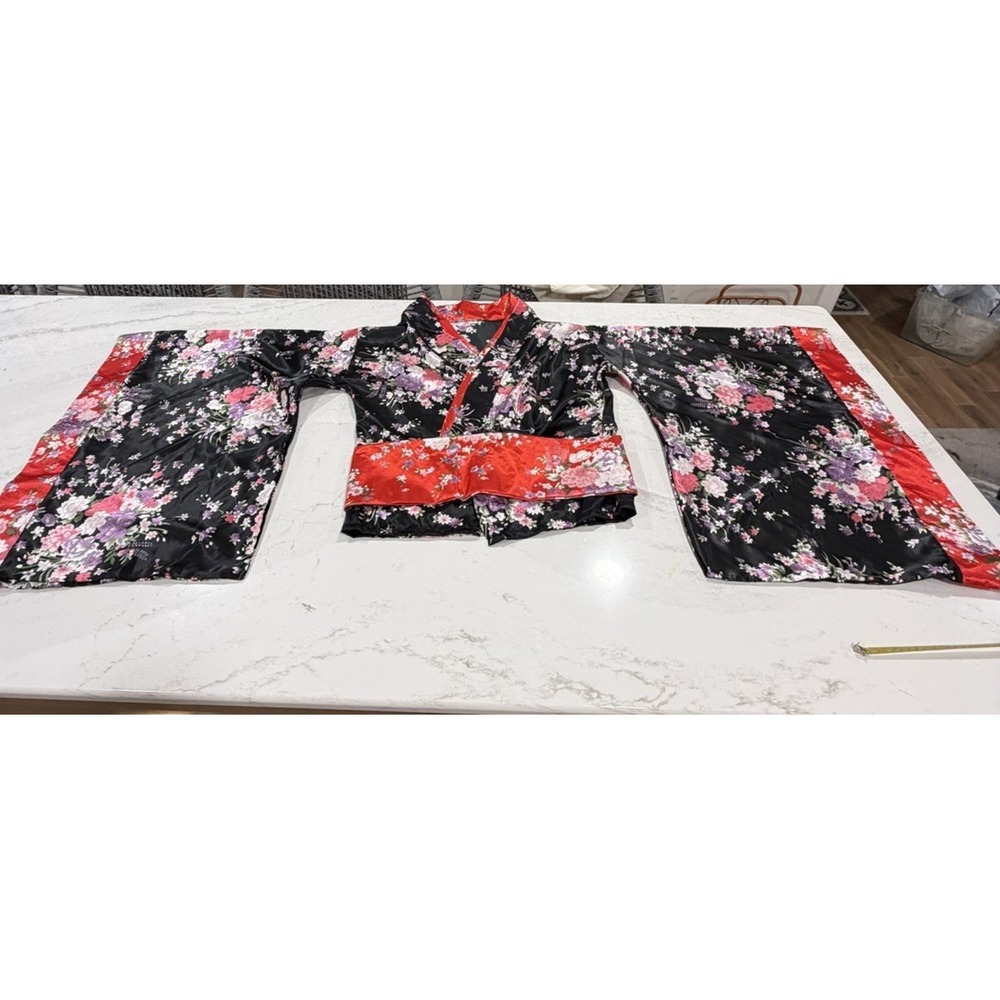 Japanese Floral Yukata Kimono Black Pink Cherry Blossom Robe with Red Obi Belt